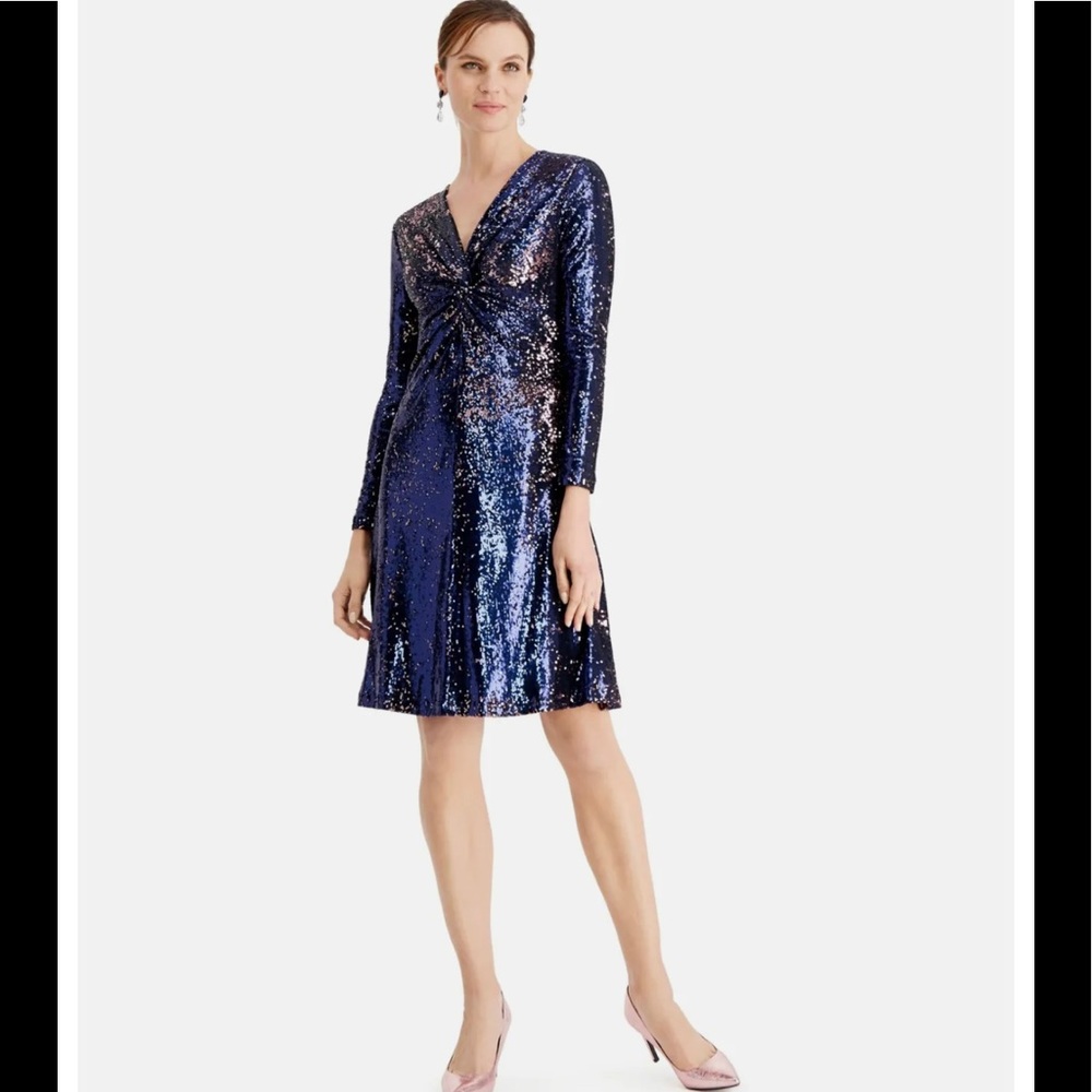 TAHARI Womens Navy Long Sleeve Above The
Knee Cocktail Fit + Flare Dress